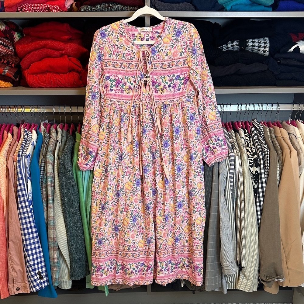 R. Vivimos pink/yellow/blue floral long sleeve elastic cuff midi dress size S